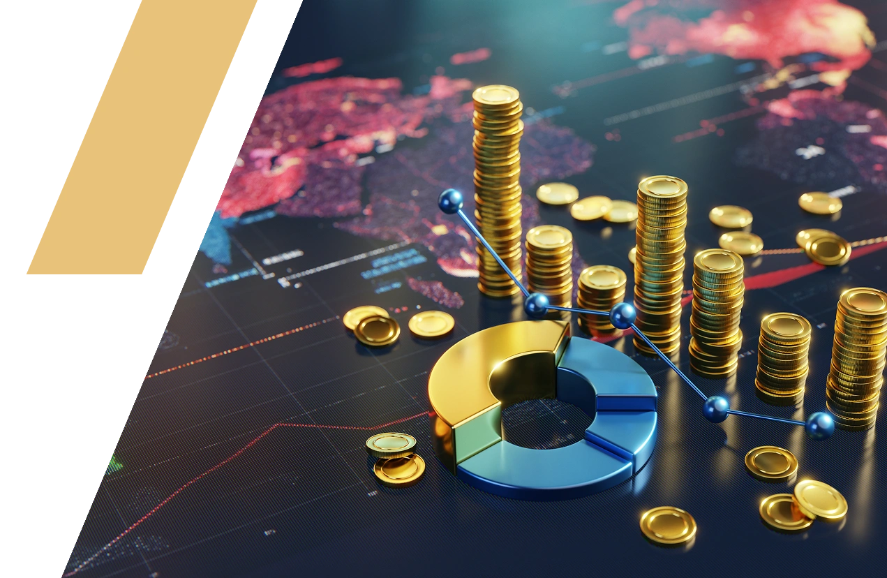 Gold coins and pie chart on map